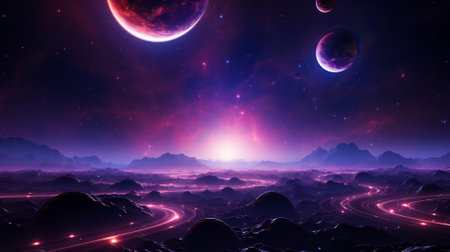 Fantasy alien planet in deep space. Mountain landscape, ai generatedの素材