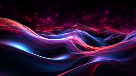 abstract background with a glowing wavy line and particles in itの素材