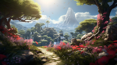 Fantasy landscape with a mountain and flowers. 3d render.の素材