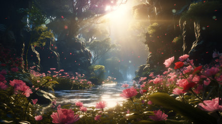 Fantasy flower garden with pond and sunlight. 3D Renderingの素材