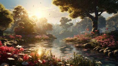 Beautiful landscape with lake and trees in the morning,3d renderの素材