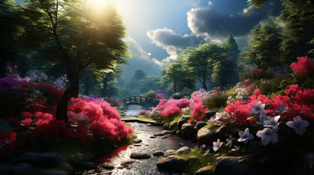Rhododendron garden in spring time,3d renderの素材