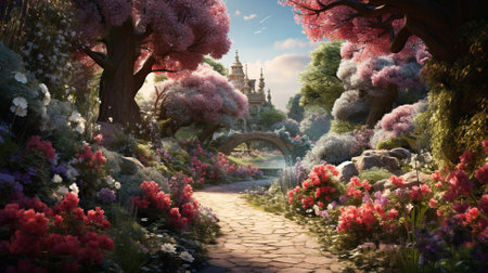 3D rendering of a fantasy garden with flowers and a bridgeの素材