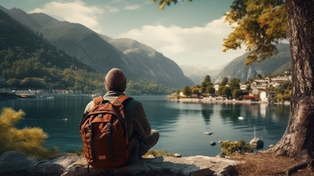 A traveler with a backpack sits on the edge of the cliff and looks at the lake.の素材