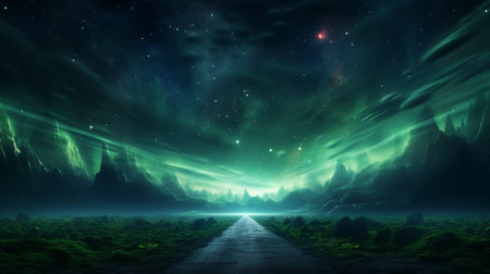 Fantasy alien planet. Mountain and road. 3D illustration.の素材