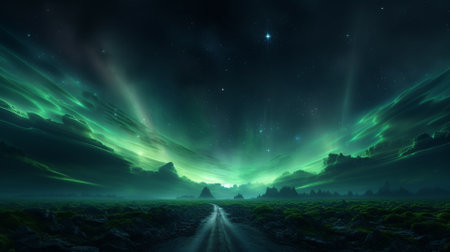 Fantasy landscape with a road leading to a beautiful aurora borealisの素材