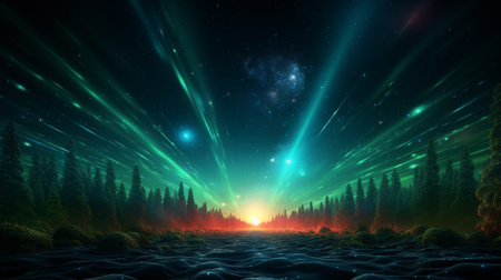 Fantasy landscape with night sky and stars. 3D illustration.の素材