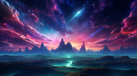 Fantasy alien planet. Mountain and lake. 3D illustration.の素材