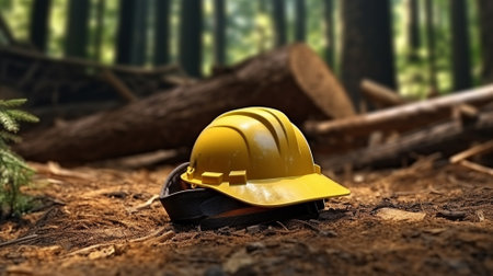 Hard hat on the ground in the forest. 3d illustration.の素材