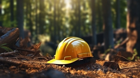 Hard hat on the ground in the forest. 3d rendering.の素材