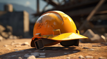 Hard hat on the background of the building site. The concept of construction.の素材