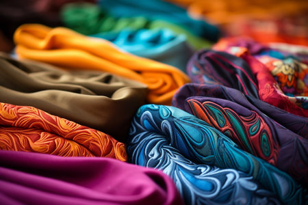 Colorful fabrics for sale in a market stall, close-upの素材