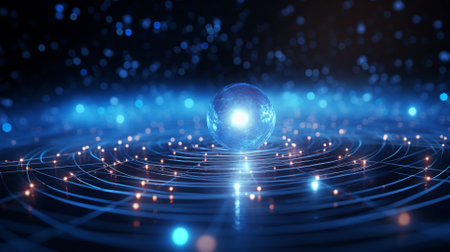 abstract 3d illustration of blue crystal ball with glowing particles on black backgroundの素材