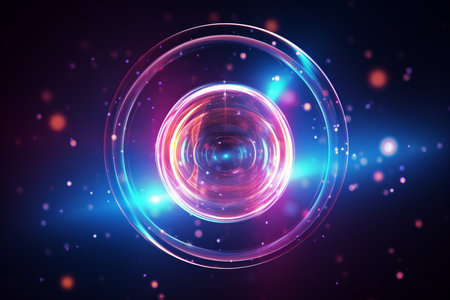 Glowing circles with light effects on dark background. Vector illustration.の素材