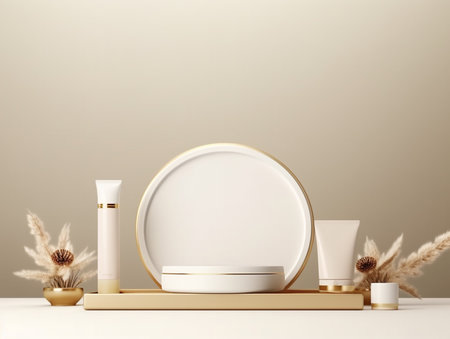 3d render of cosmetic product display podium with cream and flower.の素材