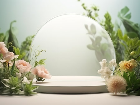 3d render of minimal display podium with flowers. Mock up for cosmetic product presentation.の素材