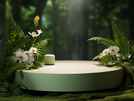 3d render of round podium for product display with green leaves and flowersの素材