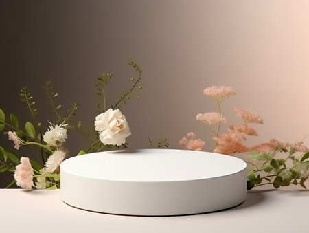 White podium for product presentation with flowers. 3d render illustration.の素材