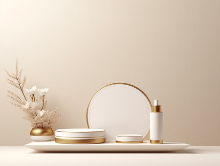 3d render of podium for product display with white flowers and round frame on beige backgroundの素材