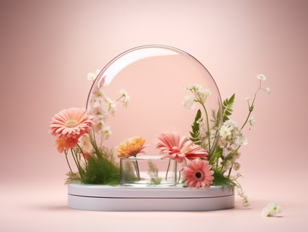3D render of a glass sphere with flowers on a pink backgroundの素材