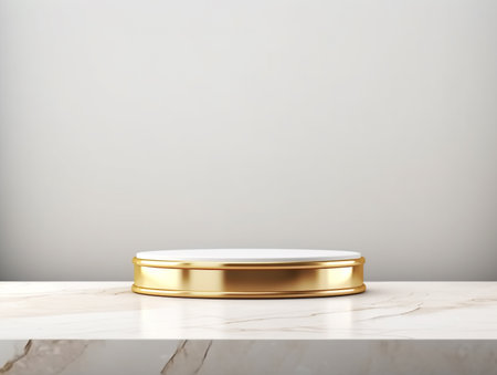 Gold podium on white marble table. 3d render illustration mock upの素材