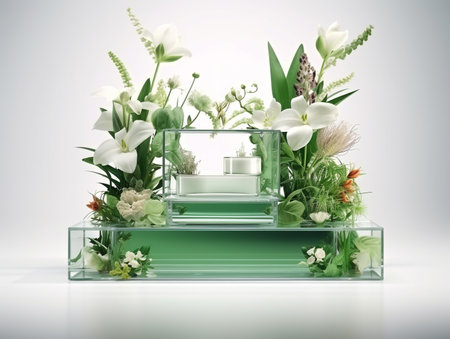 3d illustration of perfume bottle and flowers on a white background.の素材