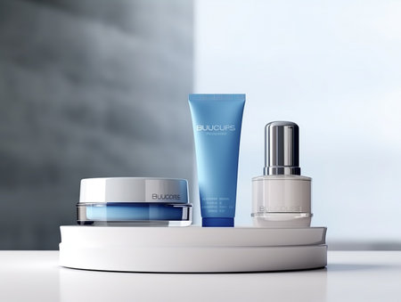 Cosmetic bottle containers on white table. 3d render illustration.の素材