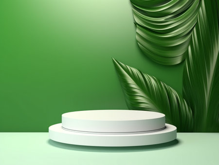 3d render of white round podium on green background with palm leavesの素材