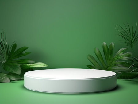 Minimal scene with round podium and tropical leaves. 3D renderingの素材