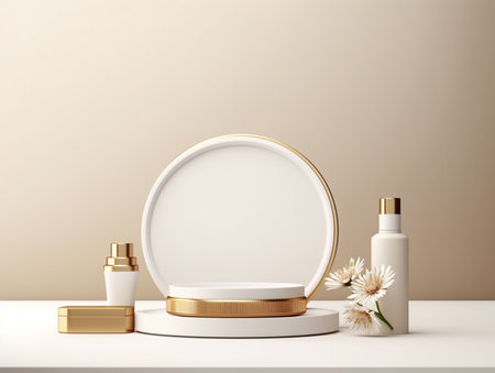 3d render of white podium for product presentation with golden frame and flower.の素材