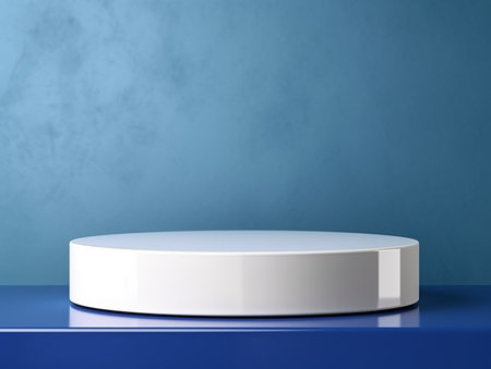 White round podium on blue background. 3d rendering mock up.の素材