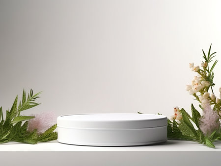 3d render of white podium for product presentation with green leaves and flowersの素材