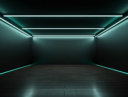 Dark empty room with black walls and floor. 3D rendering.の素材