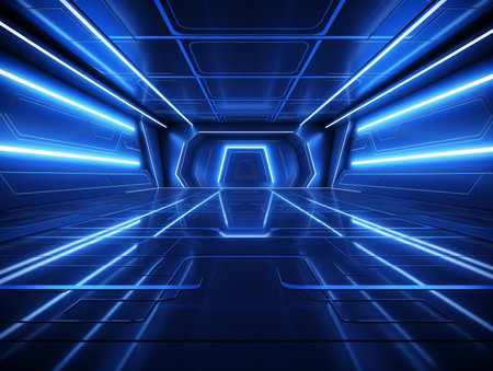 Futuristic corridor with neon lights, 3d rendering. Computer digital drawing.の素材