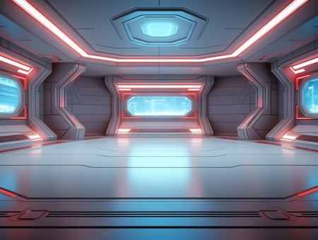 Futuristic Science fiction spaceship interior with red glowing lights 3D renderingの素材