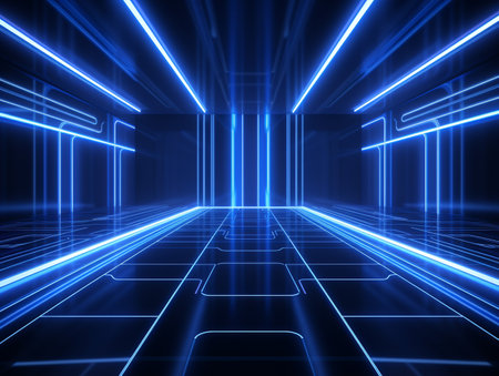 abstract futuristic tunnel corridor with glowing lights, 3d render illustrationの素材