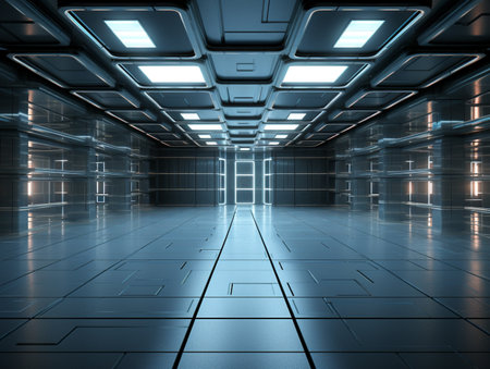 Futuristic corridor interior with glowing lights and reflections 3D renderingの素材
