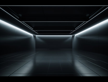 3D rendering of a dark corridor with glowing lights in the darknessの素材