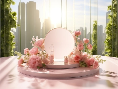 3d render of round podium for product presentation with pink flowers on the backgroundの素材