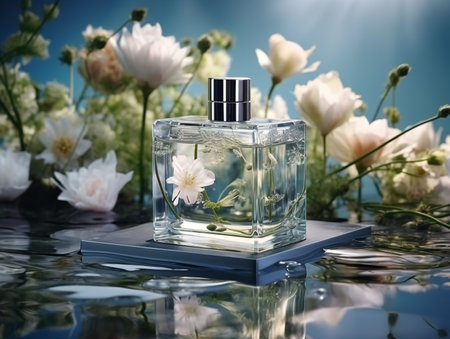 bottle of perfume on a blue background with flowers reflected in waterの素材