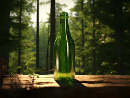 Green glass bottle on wooden table in the forest. 3D renderingの素材