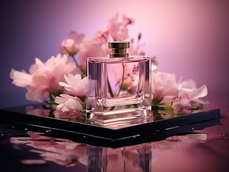 Perfume bottle with pink flowers on mirror surface. Pink background.の素材