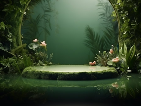3d render of podium display with tropical plants and fernsの素材