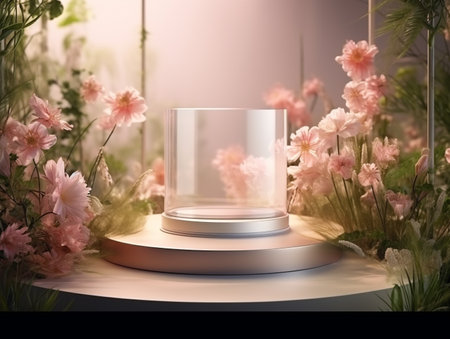 3D rendering of a round pedestal for product presentation with flowersの素材