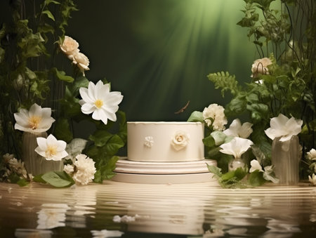 Cosmetic cream with white flowers on a wooden table in the waterの素材