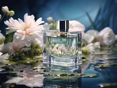 Perfume bottle with flowers reflected in water. 3D renderingの素材