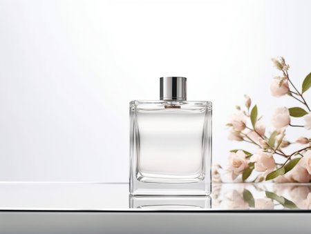 Perfume bottle on a white background with flowers in the backgroundの素材