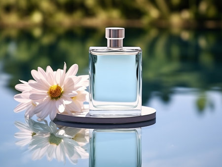 Perfume bottle with flowers on a background of water and skyの素材