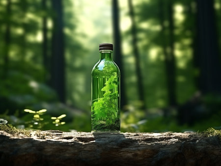 Ecology concept. Glass bottle with green plant inside on nature backgroundの素材