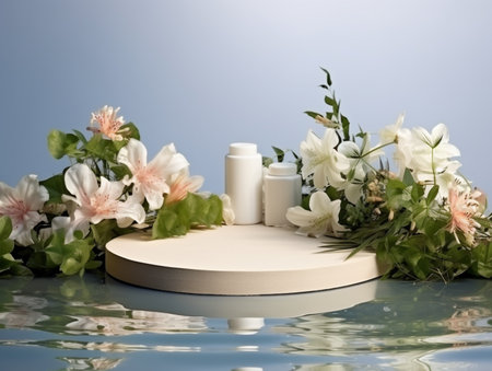 Cosmetic products on a blue background with flowers in the water.の素材